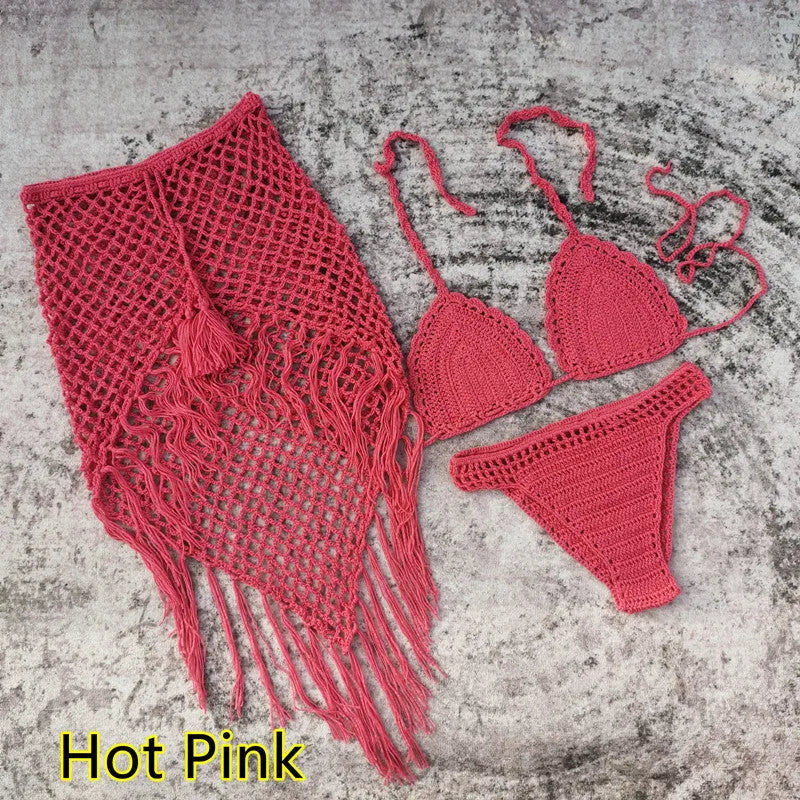 Women's handmade crochet bikini and matching beach skirt swimsuit set in acrylic fabric