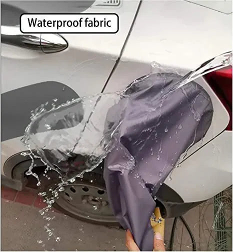 Waterproof cover for new energy vehicle charging port in grey colour showing drawstring closure