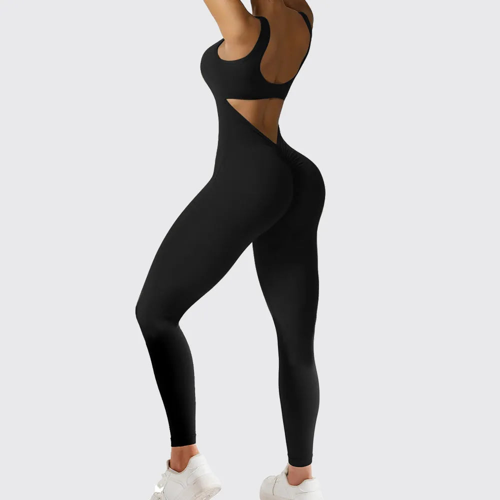 Women's sleeveless flare jumpsuit for yoga and fitness in high-elasticity polyester fabric.