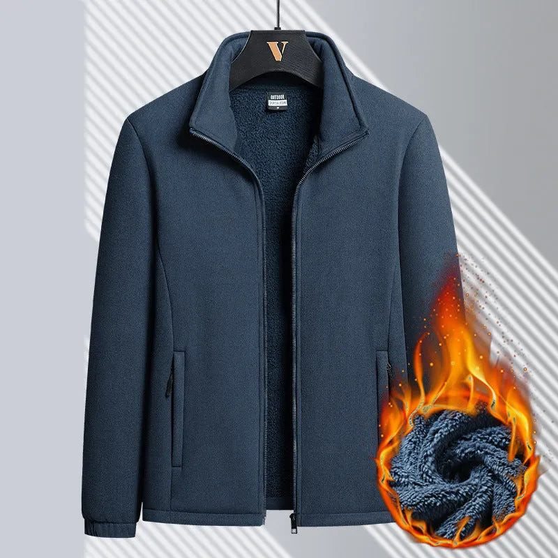 Men's grey berber fleece coat with stand-up collar and zippered front