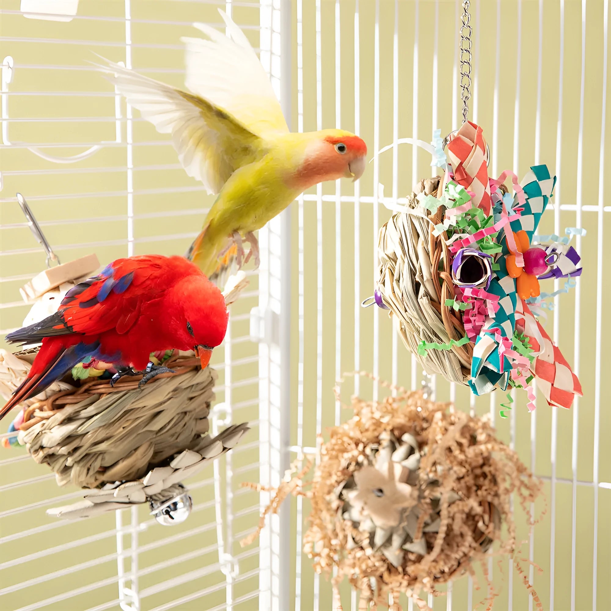Three natural wood and rope parrot gnawing toys hanging as a bundle for large bird cage enrichment.