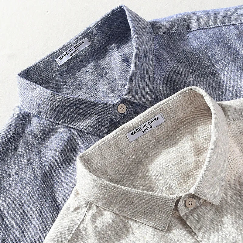Men's casual linen shirt with square collar and short sleeves in raw jute colour.