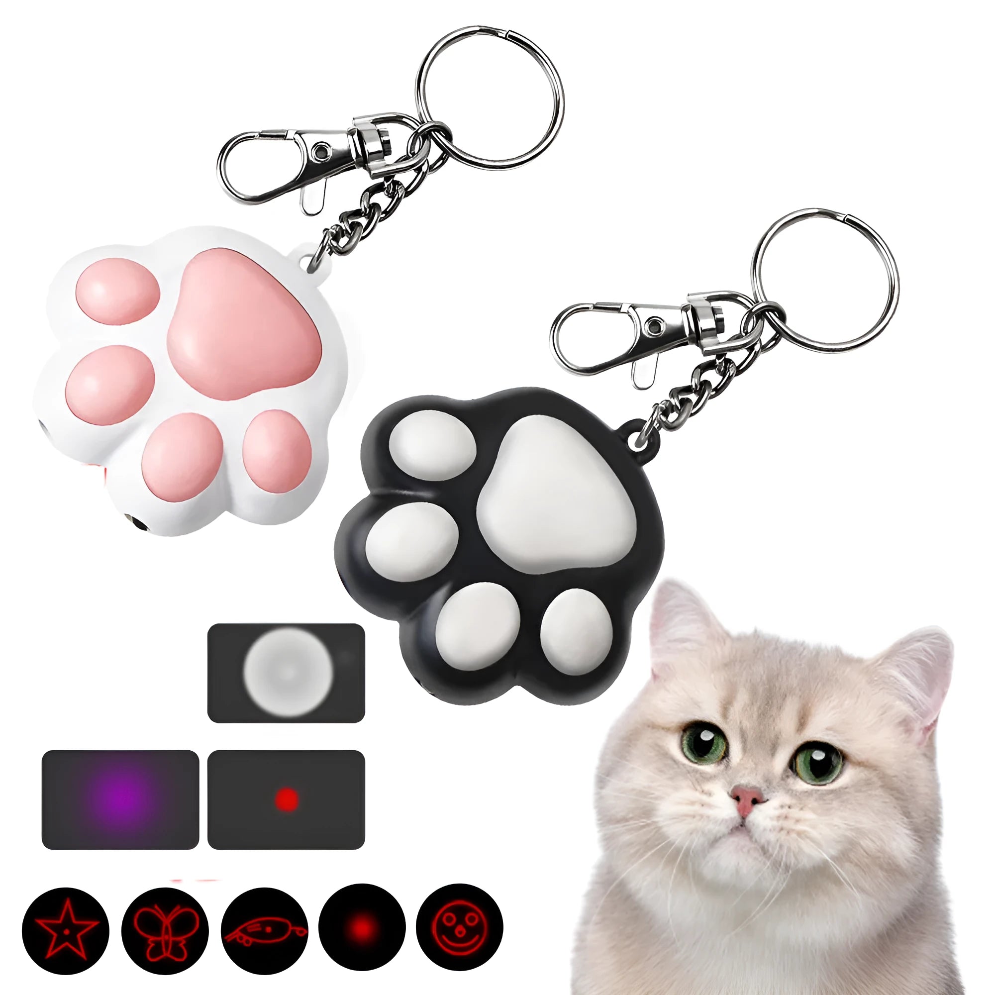 USB rechargeable cat infrared teaser toy with keychain clip in black or pink colours