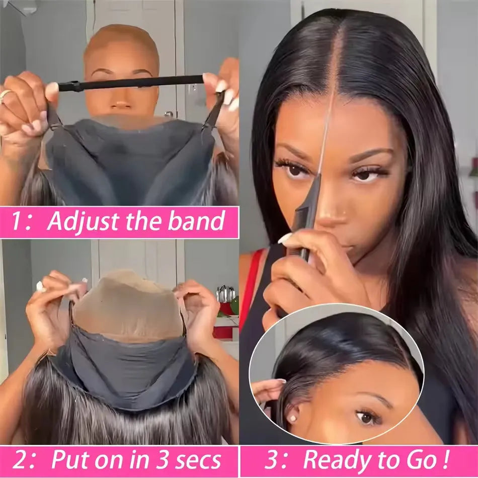 Straight human hair glueless wig with side bangs shown in natural style