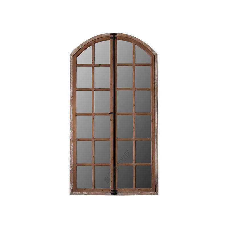 Terrace distressed wooden frame fake window wall mirror with glass panel in log colour