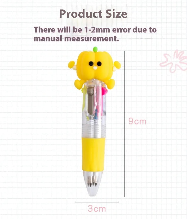 Cute cartoon-themed four-colour press ballpoint pen with 0.7mm tip, showing one random design variant.