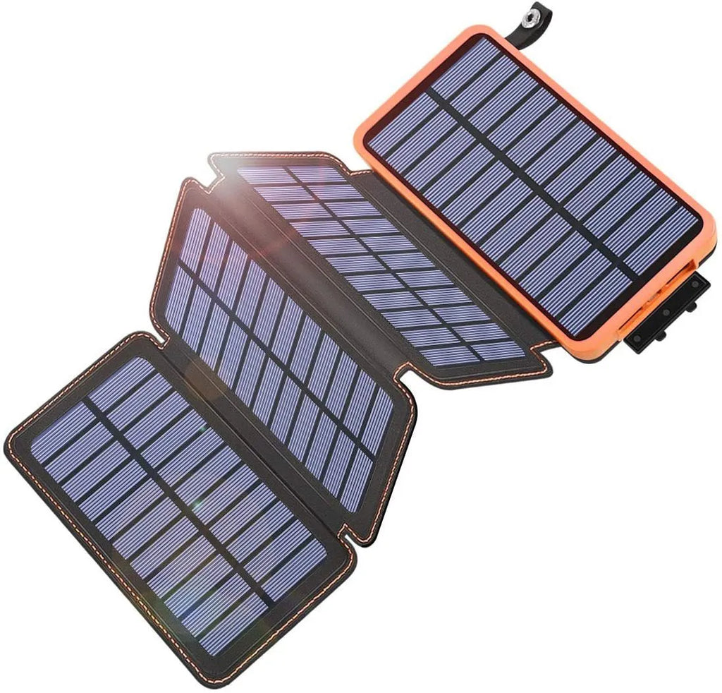Waterproof solar phone charger with LED light in black, blue, green, or orange colour options