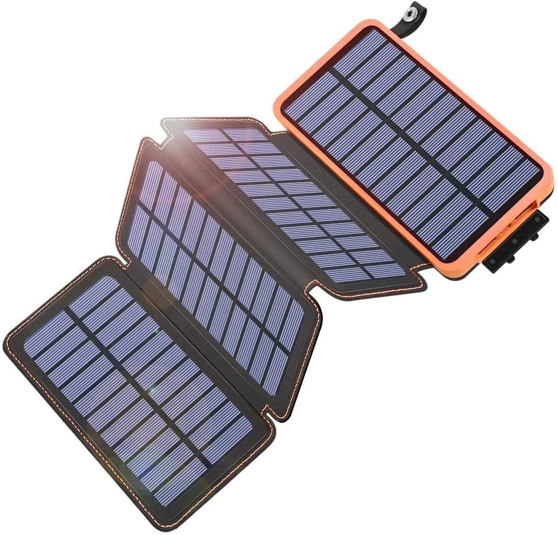 Waterproof solar phone charger with LED light in black, blue, green, or orange colour options