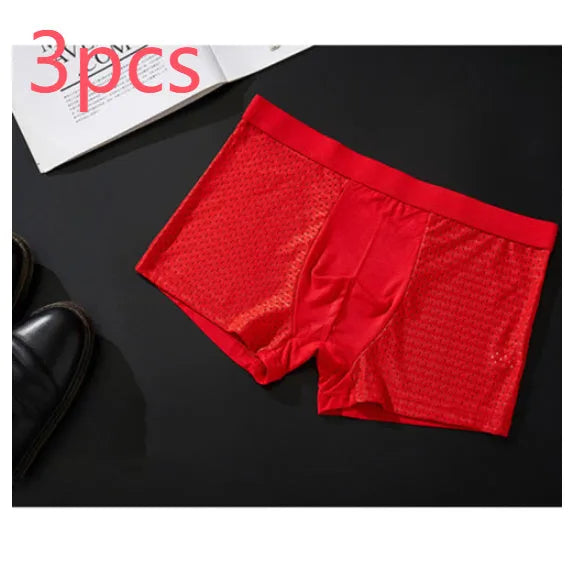 Men's solid colour ice silk modal boxer briefs with U-type convex design and mesh fabric.