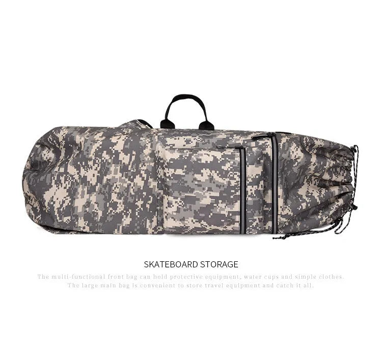 Lightweight waterproof skateboard backpack with camouflage pattern for fishing rods and outdoor sports gear