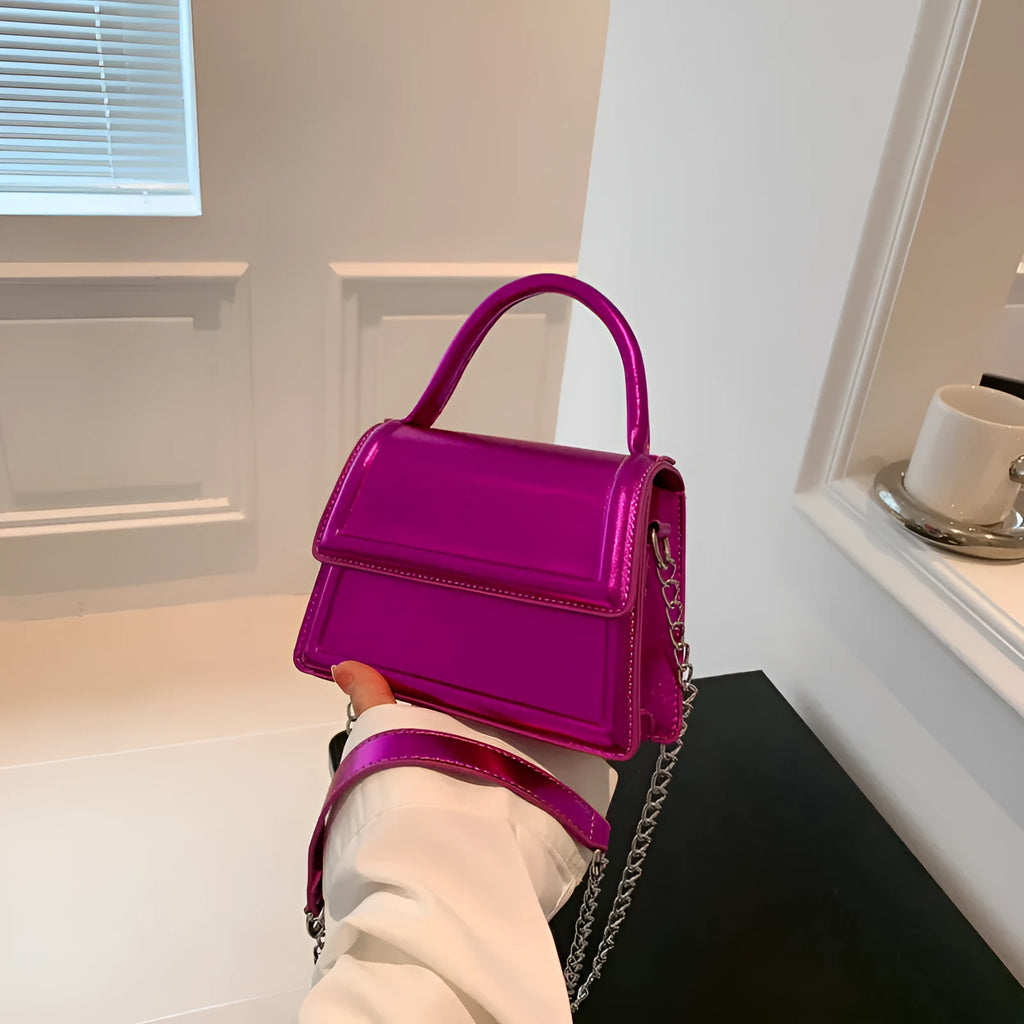 Retro square PU leather crossbody bag in six colours with visible sewing line details.
