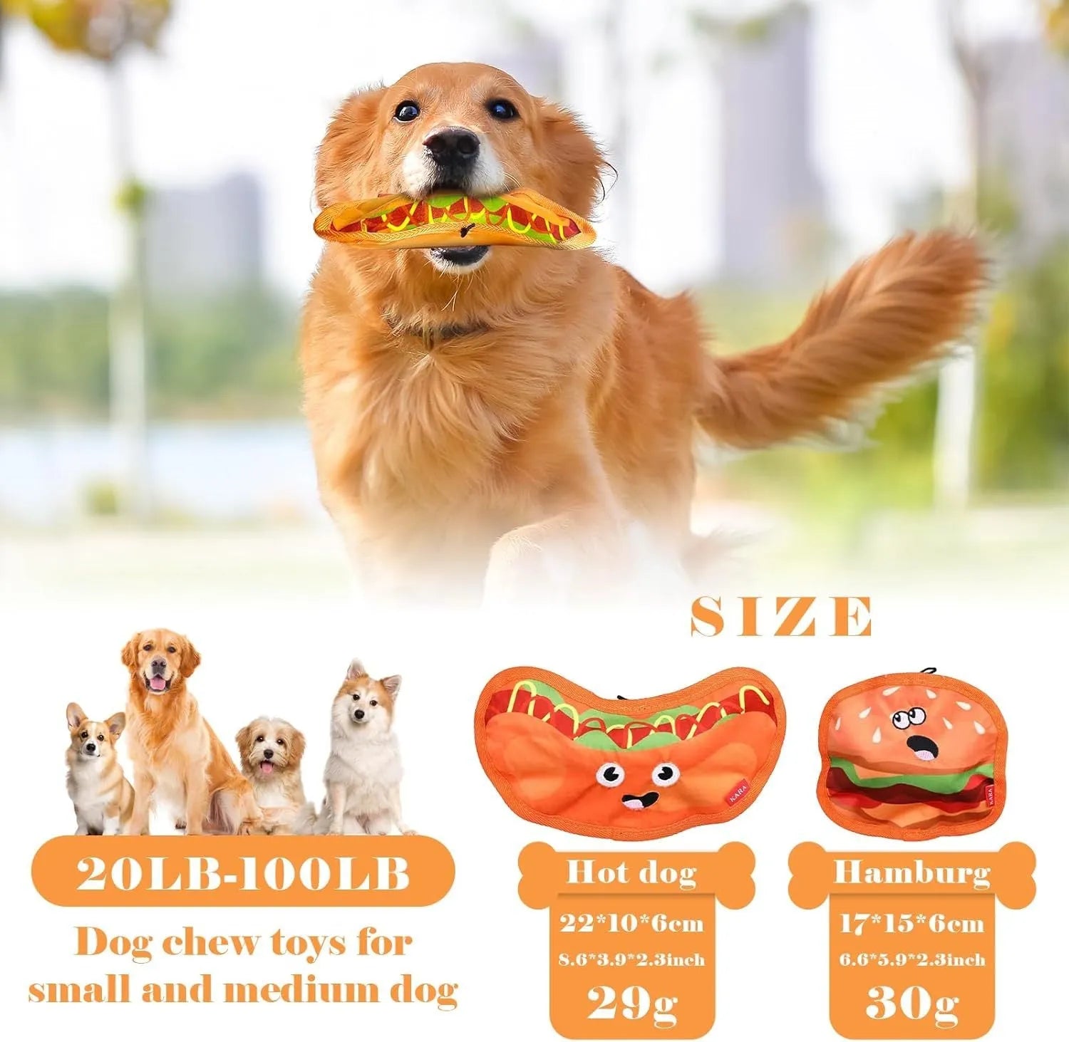 Crinkle and squeak dog toy in burger shape with no stuffing for puppies