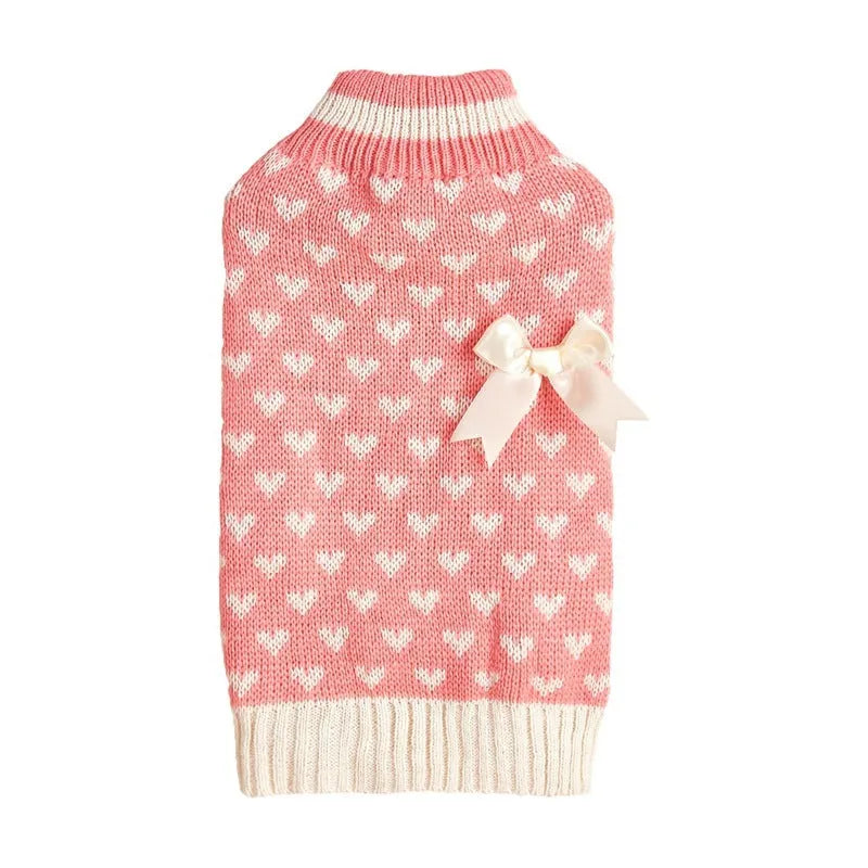 Red love heart design dog sweater on small breed dog