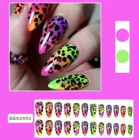 Almond-shaped nail stickers with tulip patterns in French leaves, macaron, leopard print, and plating designs