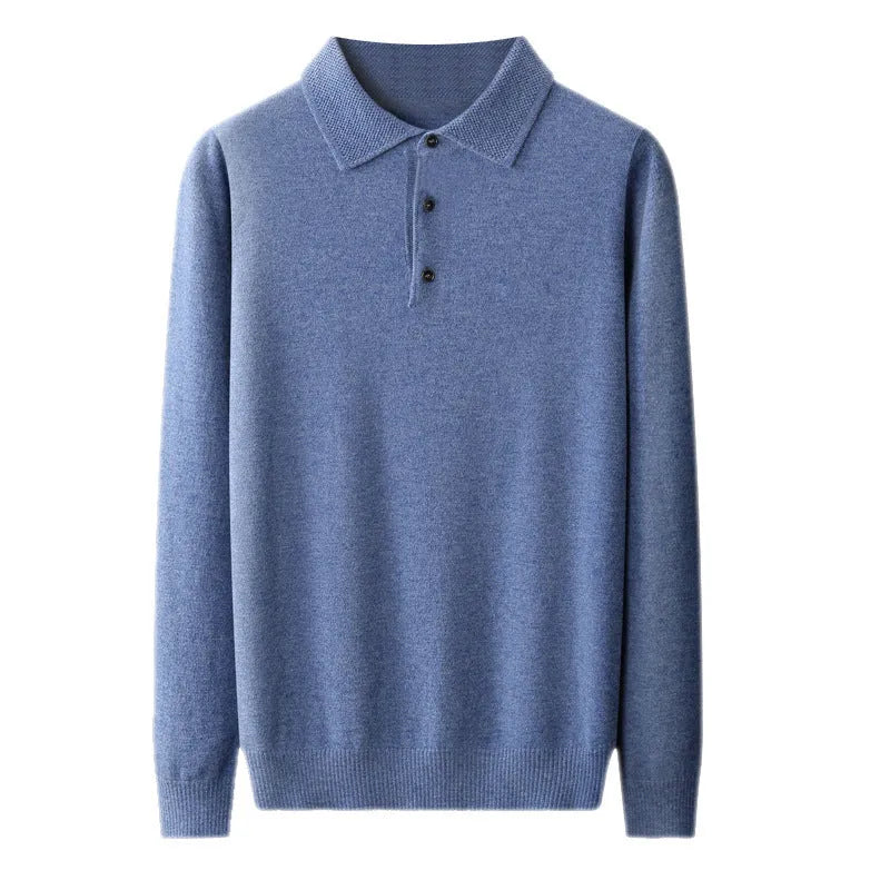 Man wearing a men's grey polo collar wool sweater pullover with long sleeves.