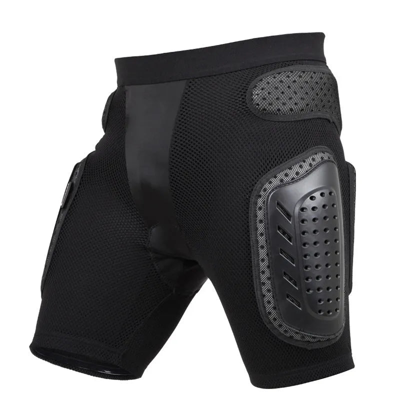 Black cycling hip protection pants with foam padding in sizes S, M, L, XL