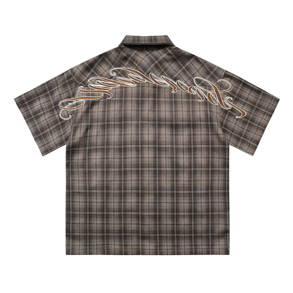Men's black plaid shirt with embroidered letter design on chest, short sleeves, and lapel collar