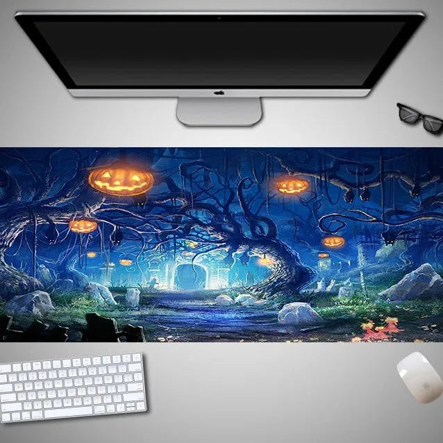 Oversized Halloween-themed mouse pad with graphic design on non-slip rubber cloth surface