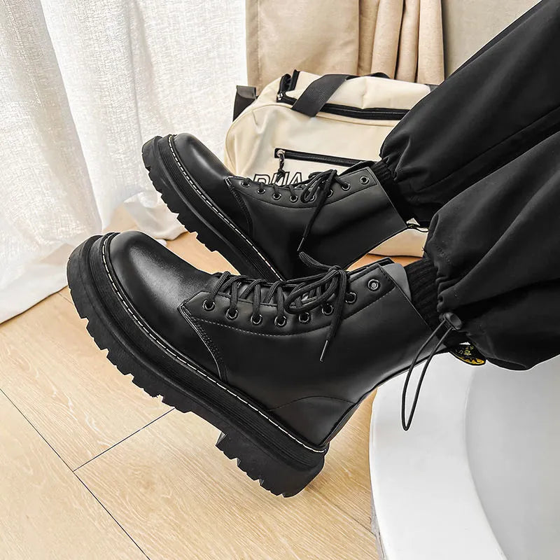 Men's black high-top platform boots with a zip fastener and lace-up detail, made from frosted cowhide leather.