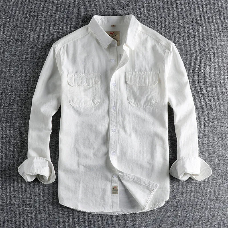 Men's solid colour cotton long sleeve cardigan shirt in light blue on hanger