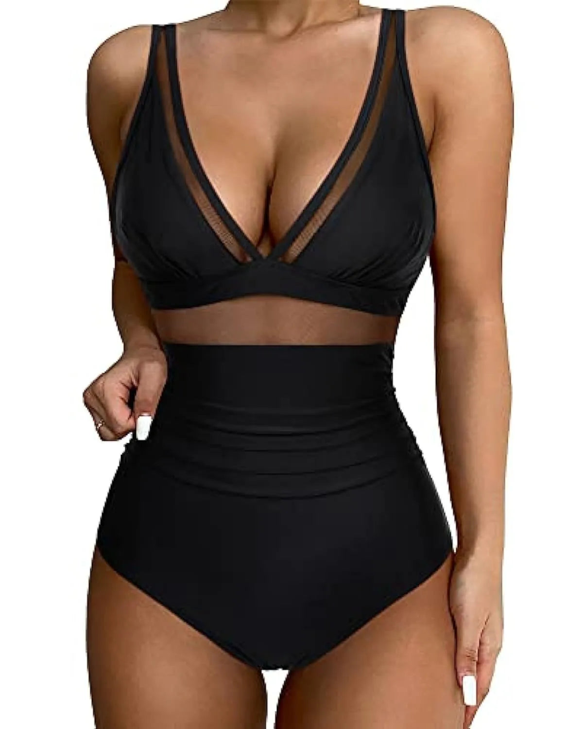 Women's high waist one-piece swimsuit in leopard print and solid colours on a mannequin.