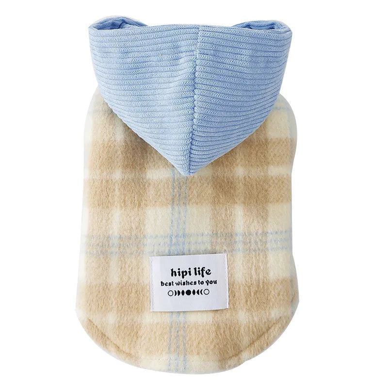 Blue corduroy pet hoodie vest with chessboard grid pattern and traction detailing on hood