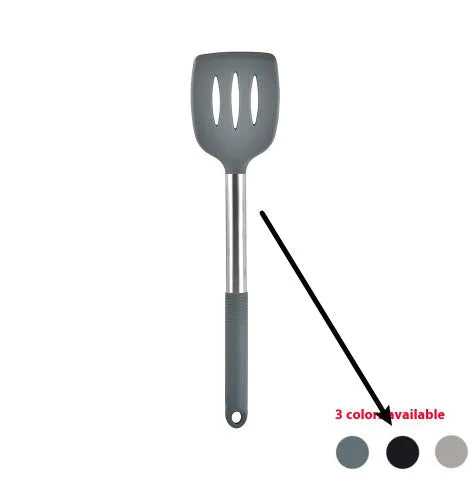 Silicone kitchen utensil set with 12 pieces including spatula, turner, ladel, and food clip in rotating storage bucket