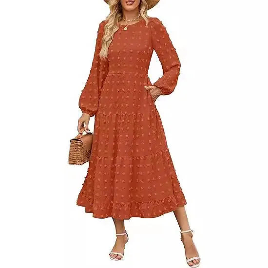 Women's long sleeve autumn dress with high waist and ruffle sleeves in solid colour