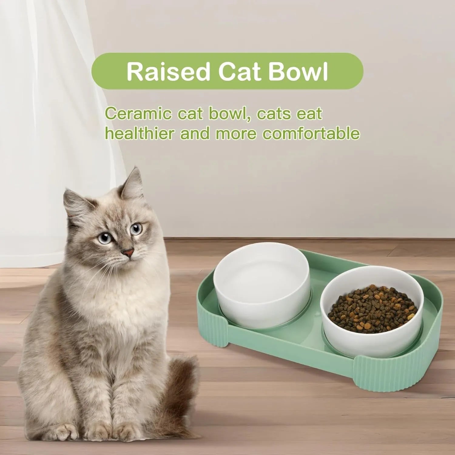 Ceramic elevated cat bowls with 15° tilted stand in green, white, and yellow colour options