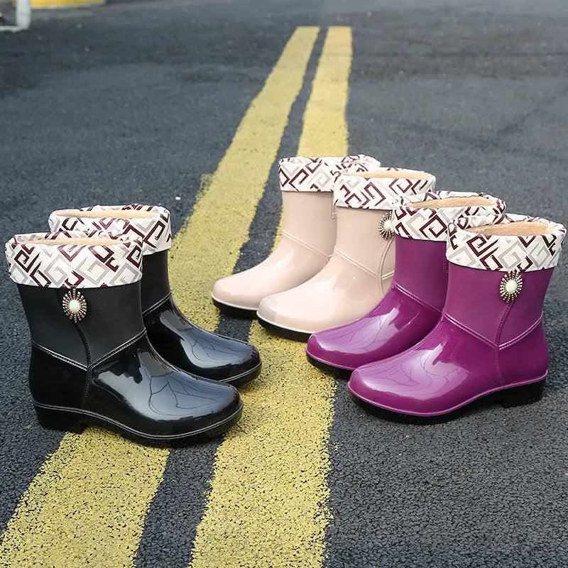 Women's middle tube rain boots in purple, black, and beige colours with non-slip soles