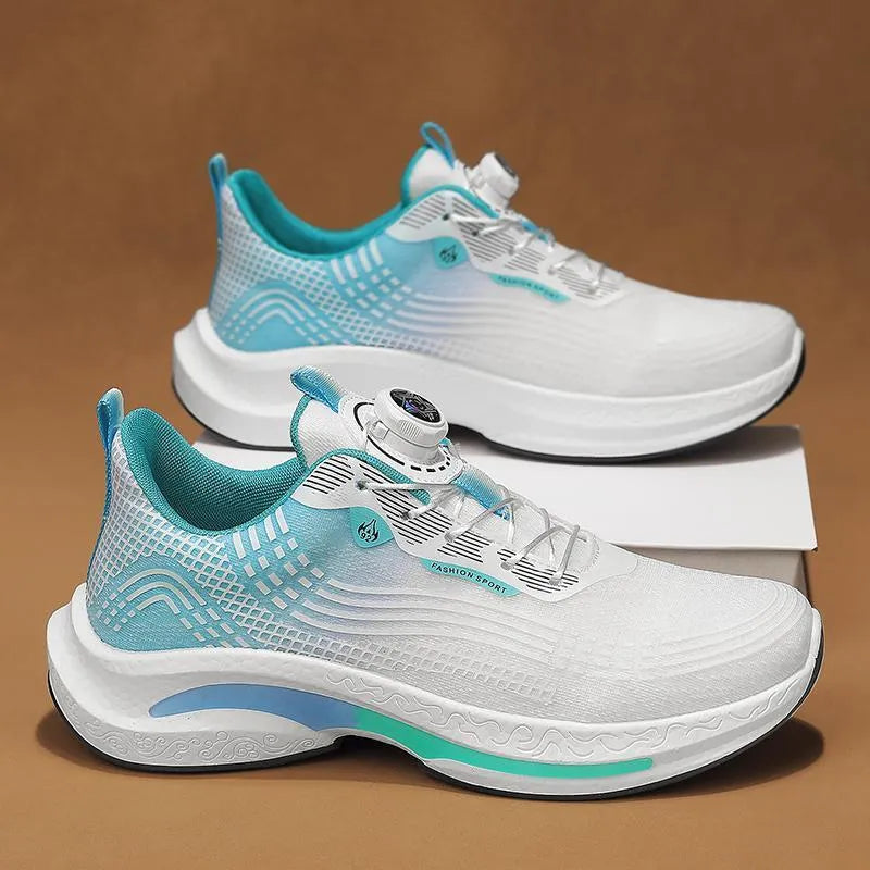 Men's low-top mesh sneakers with rotating buckle closure in white-orange colourway