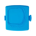 Red silicone baking tray with matching heat-resistant gloves on a kitchen counter.