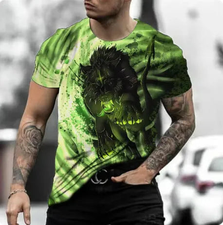 Man wearing a retro 3D animal print short-sleeved T-shirt made from lightweight polyester fabric.