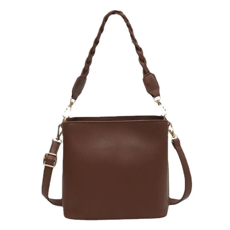Retro woven texture PU leather crossbody bucket bag in khaki colour with underarm positioning