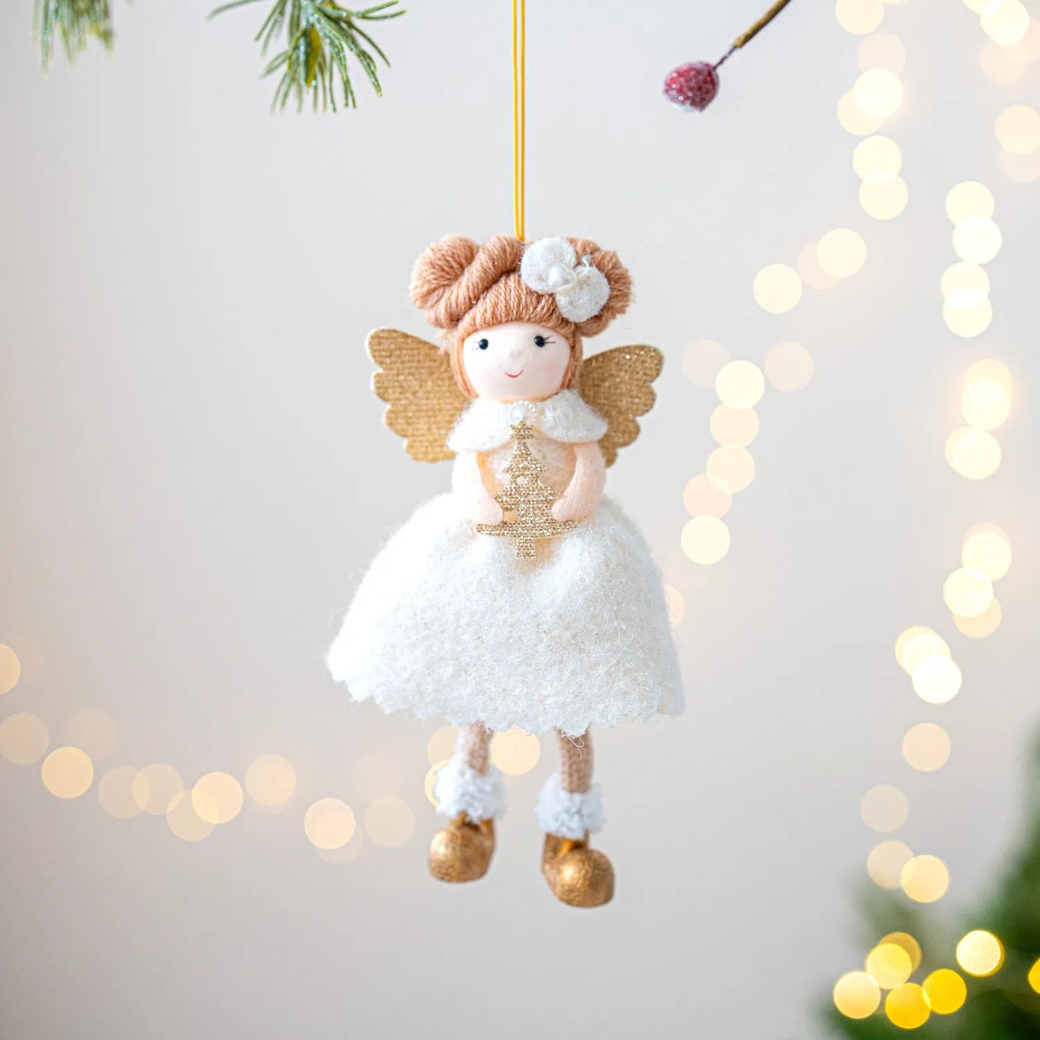 Soft pink and white cloth angel wings plush pendant Christmas tree ornament.