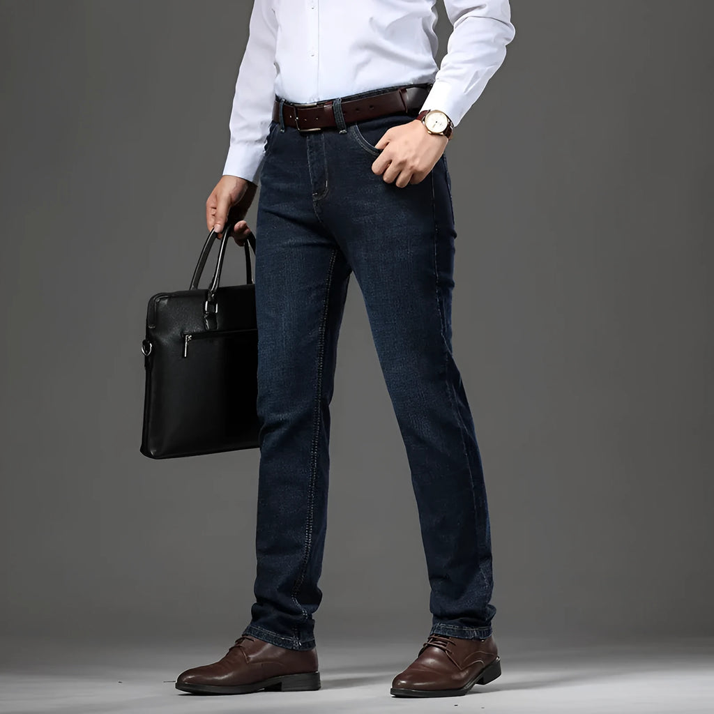 Women's straight-leg stretch jeans in black and blue colours showing business casual styling