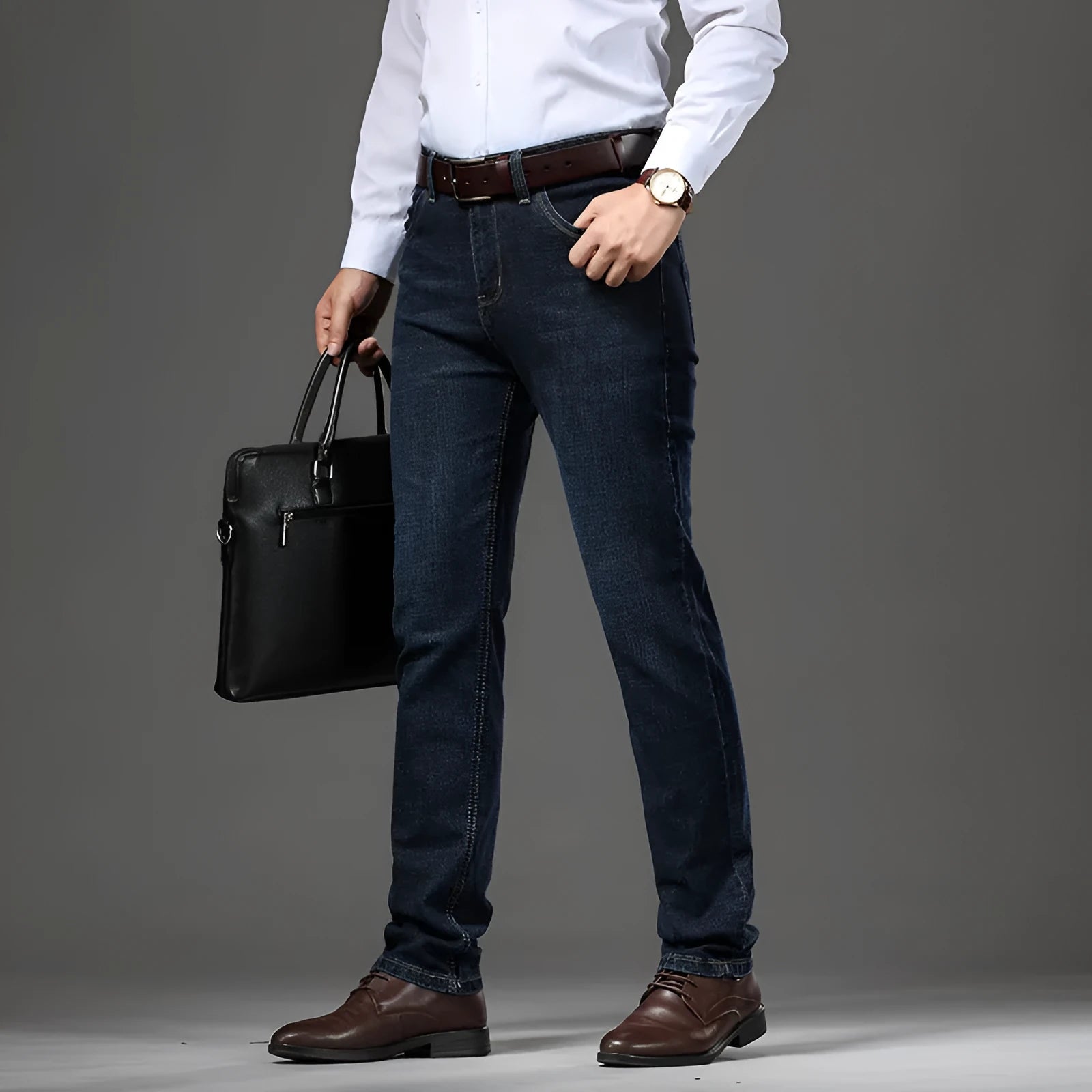 Women's straight-leg stretch jeans in black and blue colours showing business casual styling