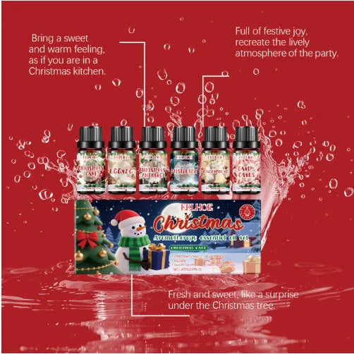 Christmas aromatherapy oil diffuser kit showing six scented oil bottles and ceramic vessel with reed sticks