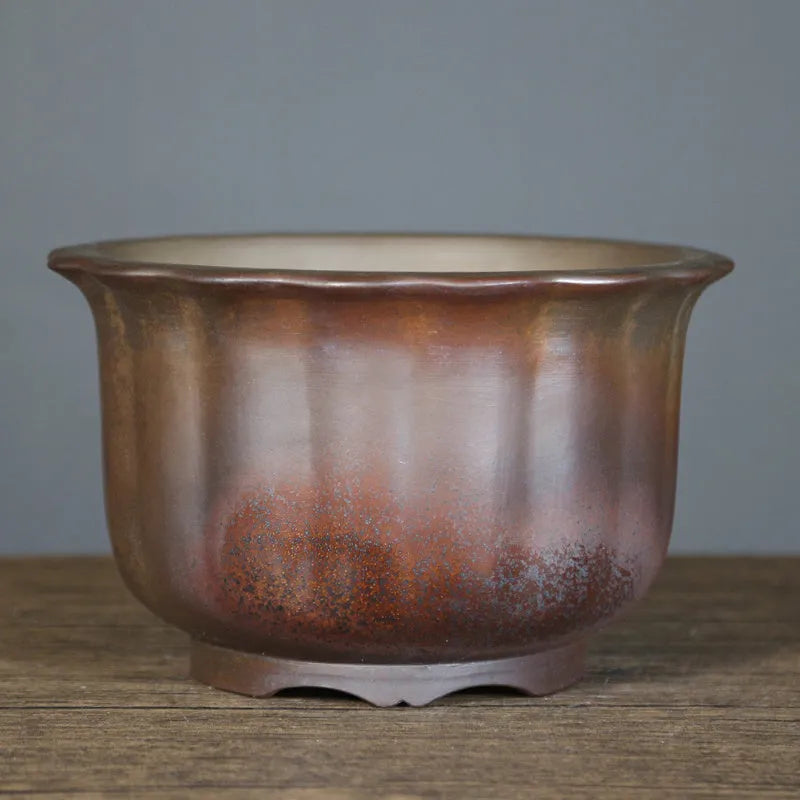 Purple sand ceramic bonsai pot with antique carved wood grain design