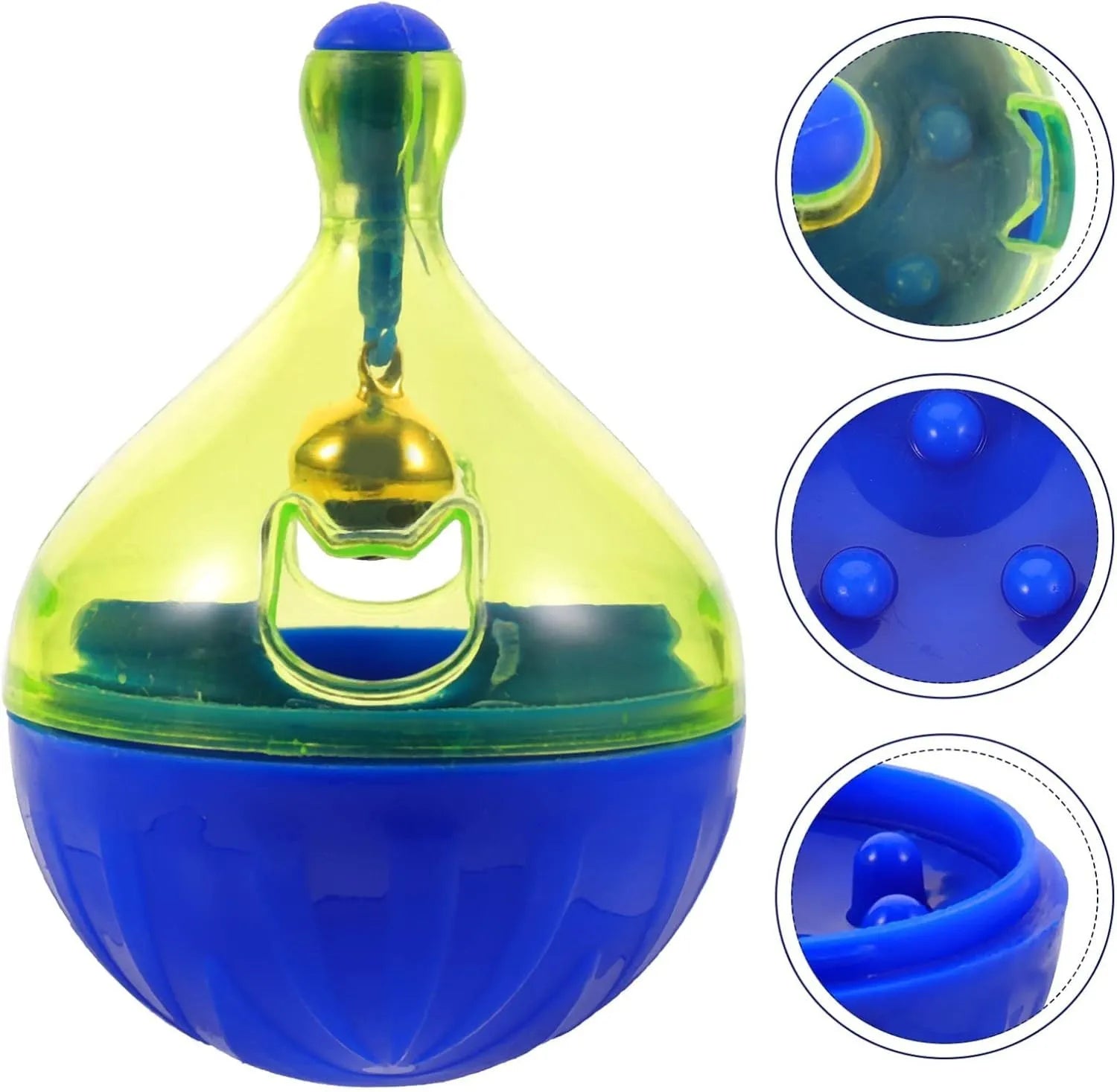 Interactive pet treat dispenser tumbler toy for dogs and cats showing rolling ball design