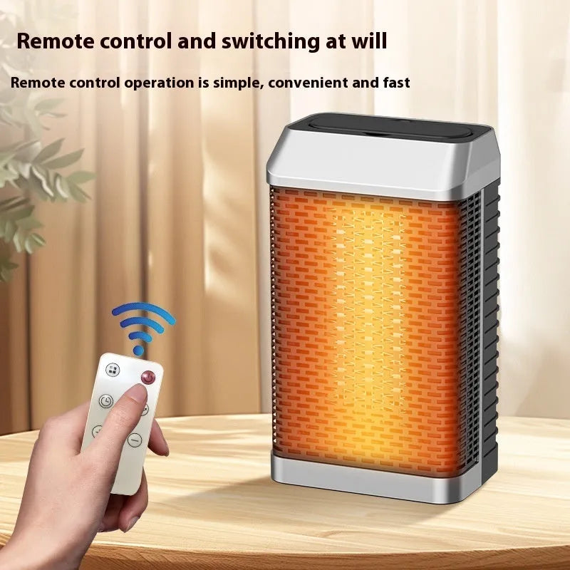 Black smart portable electric heater with remote control on a desktop.