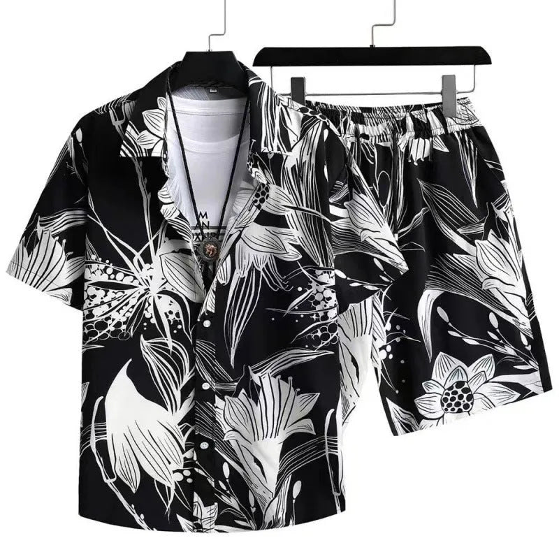 Men's casual suit with digital print short sleeve shirt and matching shorts in stretch polyester fabric