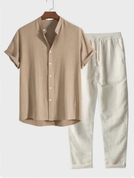 Men's casual short sleeve shirt and trousers suit in polyester linen fabric with loose fit