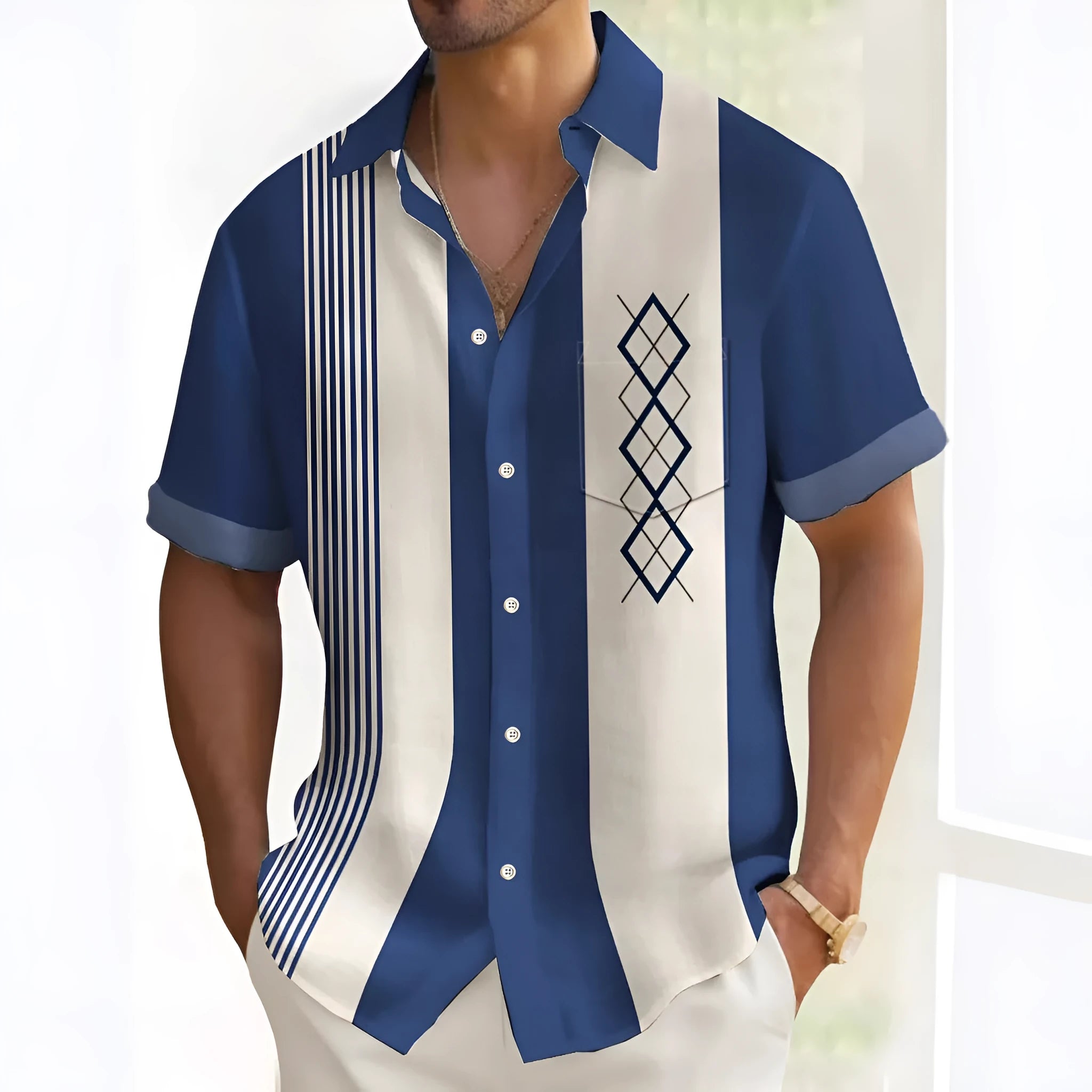Man modelling a loose-fit printed multicolour casual shirt with a cardigan style.