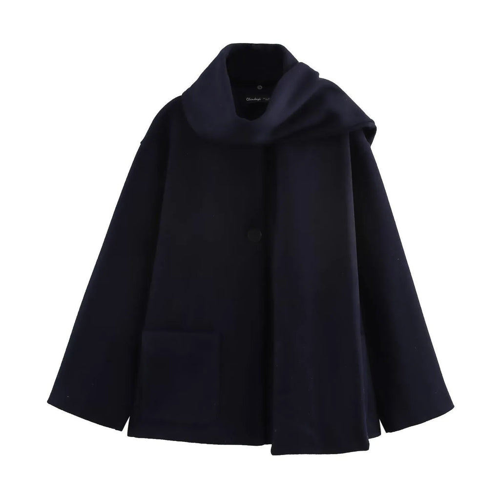 Women's lengthened 100cm polyester scarf overcoat with artificial fur collar in street fashion style