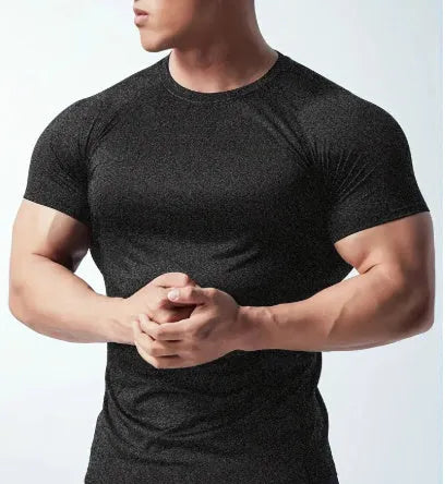 Men's black stretch quick-dry casual short sleeve t-shirt on a hanger.