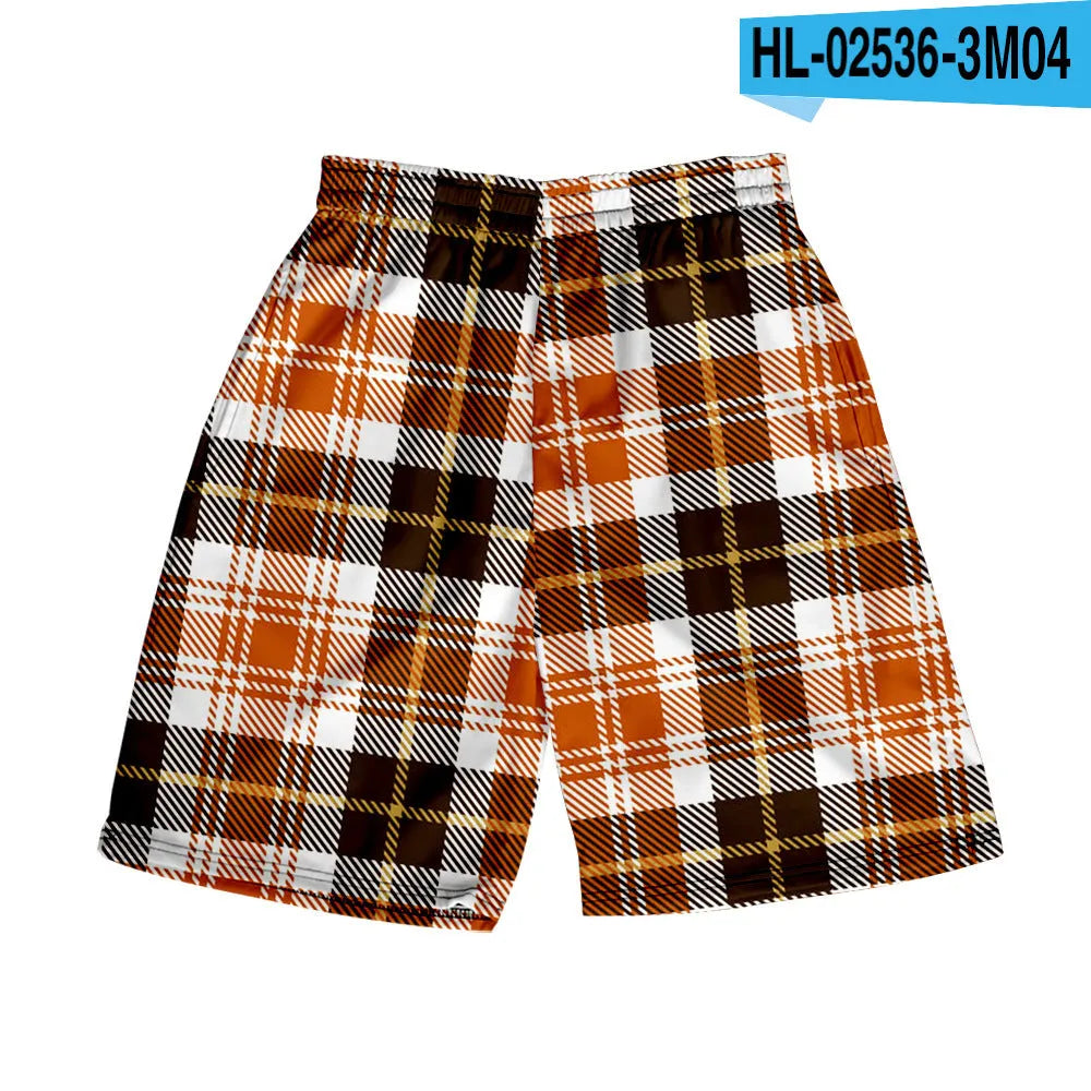 Men's plaid pattern casual shorts with an elastic waistband, shown in a straight-leg style.