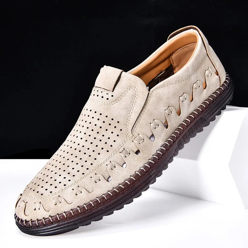 Men's brown slip-on casual shoes with round toe and low-top design