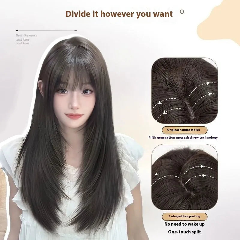 Black long straight high-layered women's wig with full-head hair net construction