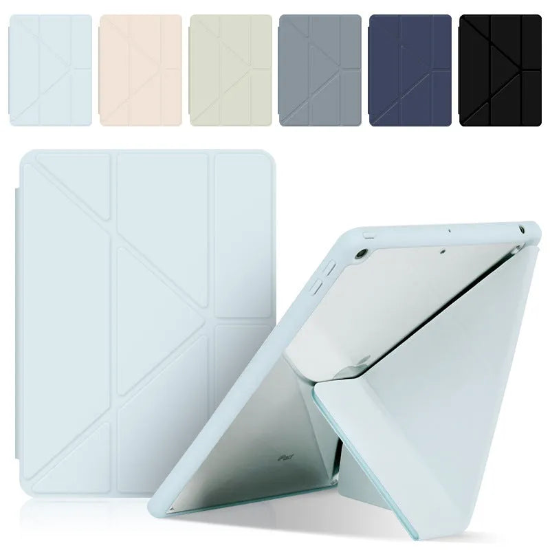 iPad protective case with Y-folding bracket design showing pen storage slot and imitation leather finish